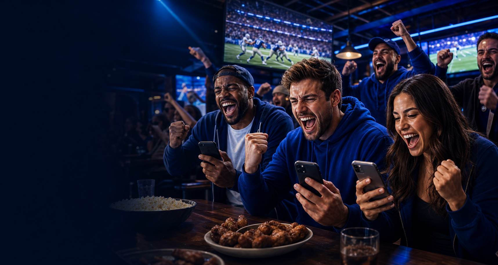 Excited sports fans watching football and checking their phones